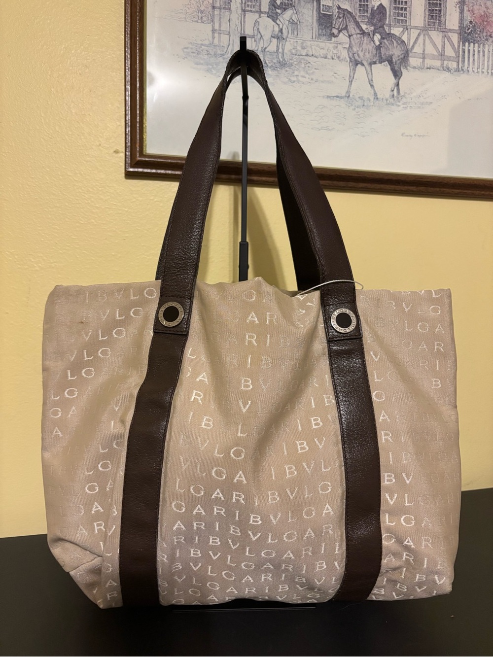 Bulgari Beige Canvas and Dark Brown Leather Trim Tote